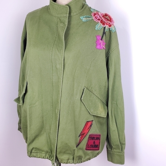 BASIC house women floral embroidred patch khaki green jacket size XS - Picture 2 of 16